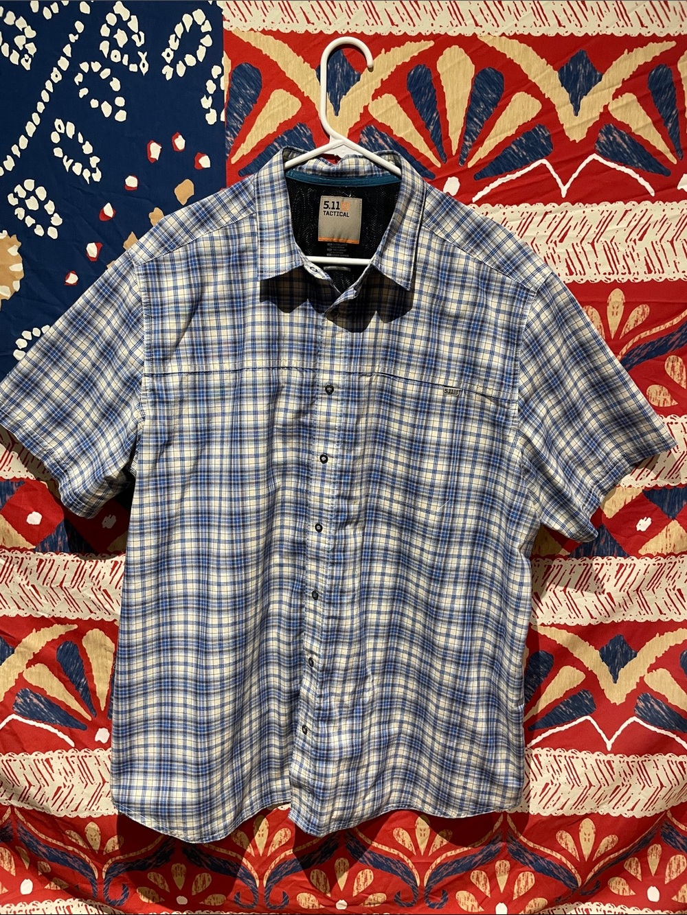 5.11 Tactical Men’s Blue and White Plaid Short-Sleeve Button-Down Shirt
